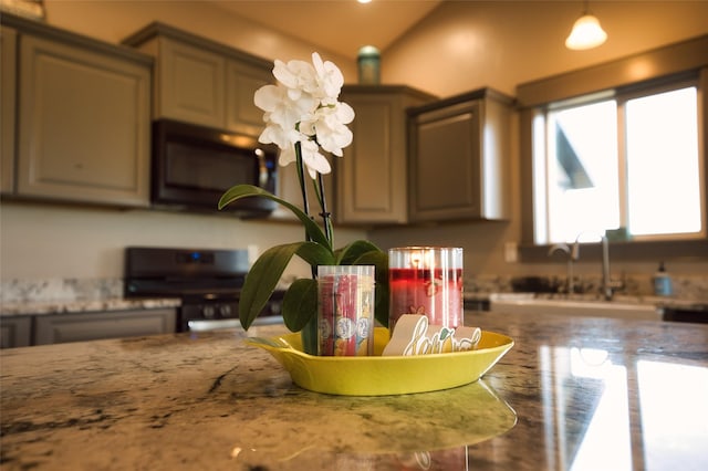 4731 Sea Ray Rd, Helena, MT 59602 - kitchen with black microwave, stainless steel stove, a sink, and light stone counters