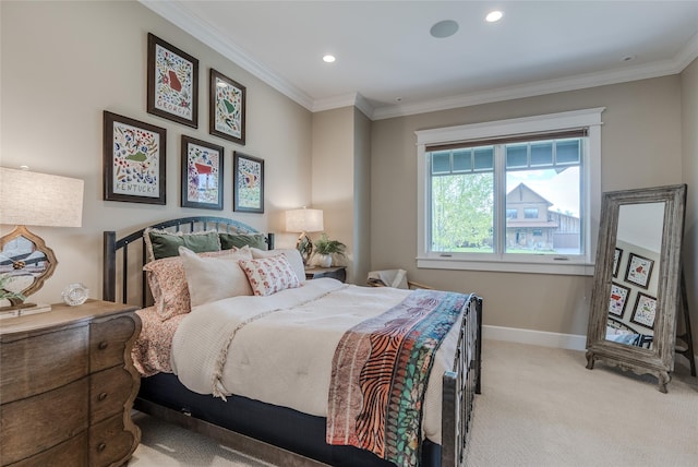 3070 River Lakes Dr, Whitefish, MT 59937 - bedroom with light carpet, baseboards, ornamental molding, and recessed lighting