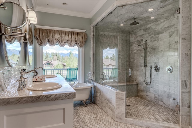 3070 River Lakes Dr, Whitefish, MT 59937 - bathroom featuring a stall shower, a soaking tub, double vanity, crown molding, and tile patterned floors