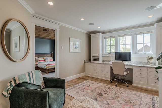 3070 River Lakes Dr, Whitefish, MT 59937 - office with built in desk, ornamental molding, light wood-style flooring, baseboards, and recessed lighting