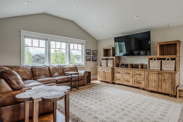 3070 River Lakes Dr, Whitefish, MT 59937 - living area featuring vaulted ceiling, light wood-style flooring, and recessed lighting