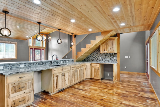26 Two Rivers Rd, Saint Regis, MT 59866 - kitchen featuring a sink, wooden ceiling, light brown cabinetry, light wood-style flooring, and recessed lighting