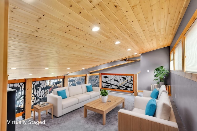 26 Two Rivers Rd, Saint Regis, MT 59866 - living room featuring carpet, wood ceiling, and recessed lighting