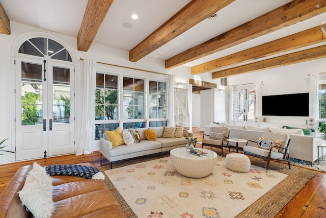 2761 Contour Rd, Missoula, MT 59802 - living room with hardwood / wood-style floors, beamed ceiling, recessed lighting, and french doors