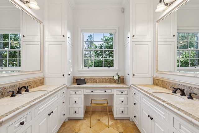 2761 Contour Rd, Missoula, MT 59802 - full bath with two vanities, tile patterned floors, and crown molding