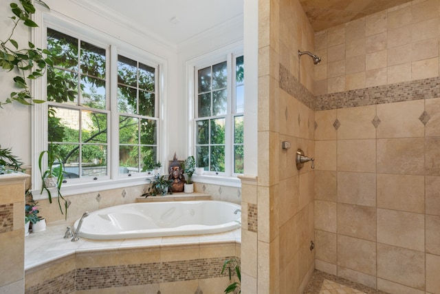2761 Contour Rd, Missoula, MT 59802 - full bathroom with a garden tub, tiled shower, and ornamental molding