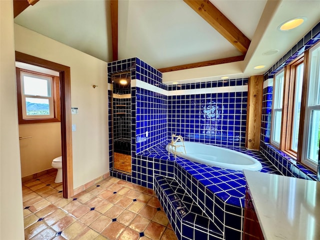 444 Windwalker Trl, Stevensville, MT 59870 - full bathroom featuring toilet, a garden tub, a walk in shower, tile patterned flooring, and baseboards