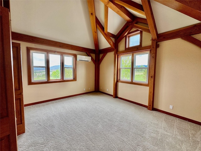 444 Windwalker Trl, Stevensville, MT 59870 - unfurnished room featuring an AC wall unit, beam ceiling, carpet floors, baseboards, and high vaulted ceiling
