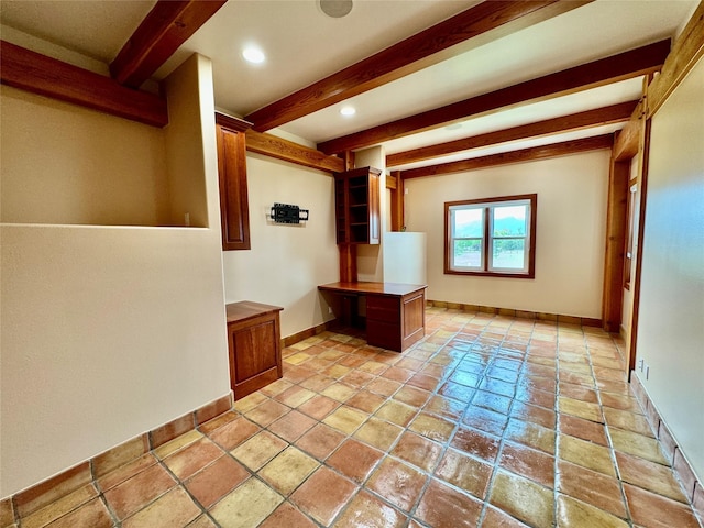 444 Windwalker Trl, Stevensville, MT 59870 - unfurnished office with beamed ceiling, baseboards, recessed lighting, and stone tile flooring