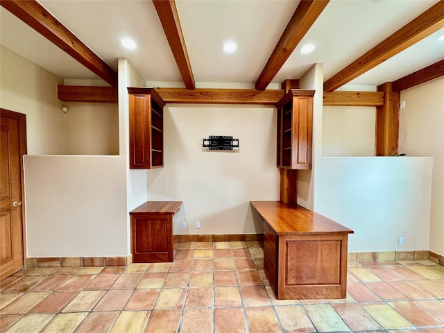 444 Windwalker Trl, Stevensville, MT 59870 - kitchen featuring beam ceiling, recessed lighting, baseboards, open shelves, and stone tile floors