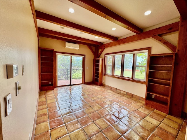 444 Windwalker Trl, Stevensville, MT 59870 - unfurnished living room featuring an AC wall unit, beam ceiling, baseboards, recessed lighting, and light tile patterned floors
