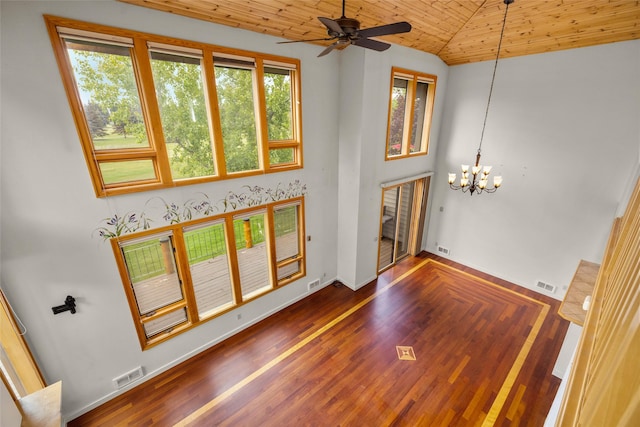 259 Eagle Bend Dr, Bigfork, MT 59911 - unfurnished living room featuring wood ceiling, vaulted ceiling, wood finished floors, a chandelier, and baseboards