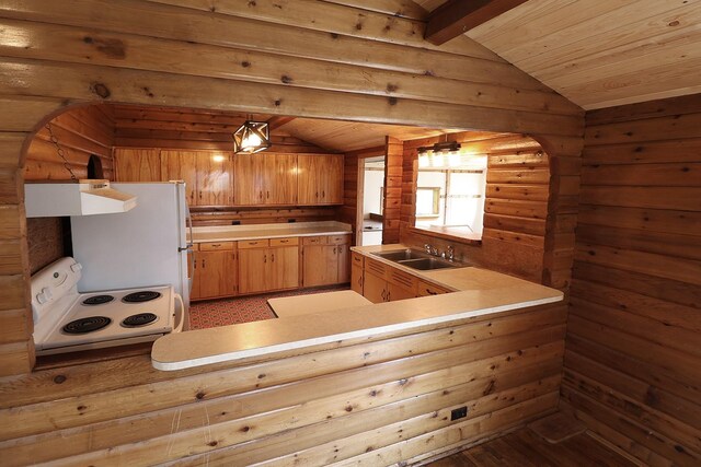 323 B St, Dixon, MT 59831 - kitchen with white appliances, a sink, arched walkways, exhaust hood, and wood ceiling