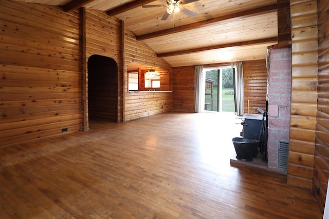 323 B St, Dixon, MT 59831 - unfurnished living room featuring a wood stove, a ceiling fan, wood finished floors, wood ceiling, and wood walls