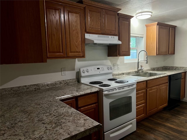 467 Grantsdale Rd Unit 16, Hamilton, MT 59840 - kitchen with under cabinet range hood, white range with electric stovetop, dishwasher, a sink, and dark wood finished floors