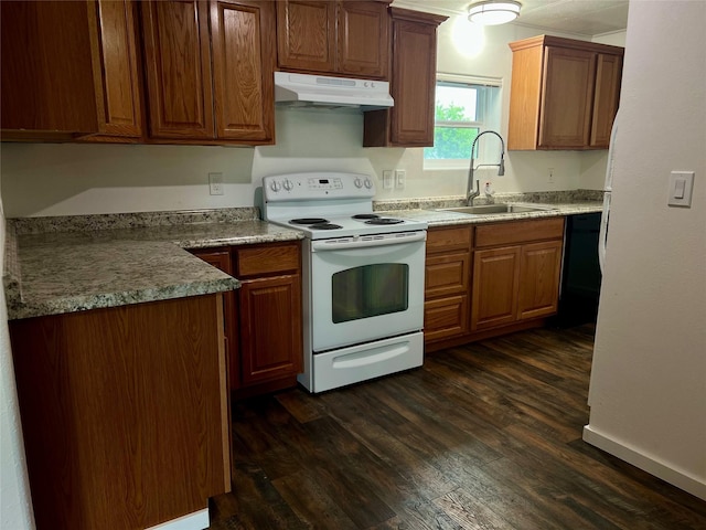 467 Grantsdale Rd Unit 16, Hamilton, MT 59840 - kitchen featuring white electric range oven, a sink, under cabinet range hood, dark wood-style flooring, and dishwasher