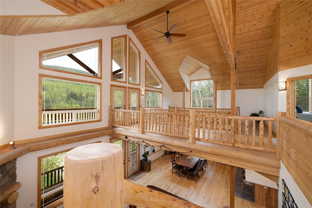 12520 Pinkham Creek Rd, Rexford, MT 59930 - interior space with wooden ceiling with exposed beams, a ceiling fan, hardwood / wood-style floors, and high vaulted ceiling