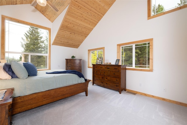 12520 Pinkham Creek Rd, Rexford, MT 59930 - carpeted bedroom featuring baseboards, wooden ceiling, and high vaulted ceiling