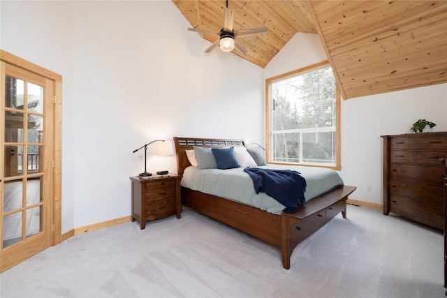 12520 Pinkham Creek Rd, Rexford, MT 59930 - bedroom with wooden ceiling, baseboards, light colored carpet, high vaulted ceiling, and ceiling fan