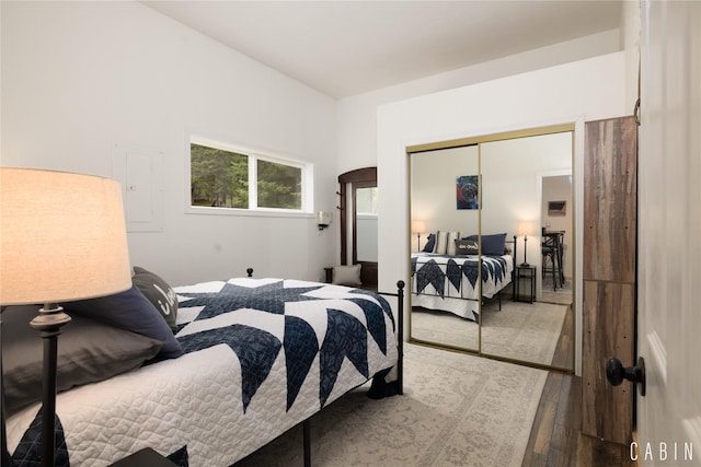 12520 Pinkham Creek Rd, Rexford, MT 59930 - bedroom featuring wood finished floors, a closet, and electric panel