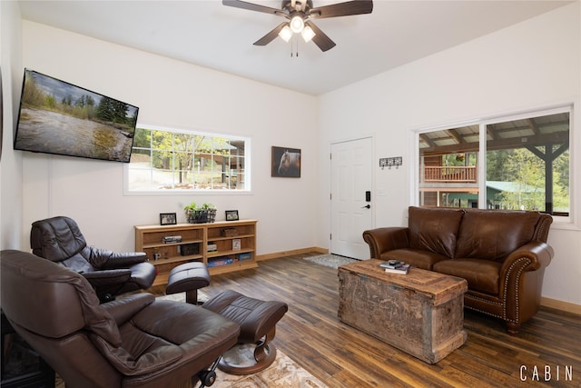 12520 Pinkham Creek Rd, Rexford, MT 59930 - living room with ceiling fan, plenty of natural light, baseboards, and wood finished floors