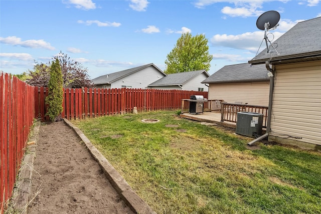 1091 Harmony Ct, Kalispell, MT 59901 - view of yard with cooling unit, a deck, and an outdoor fire pit