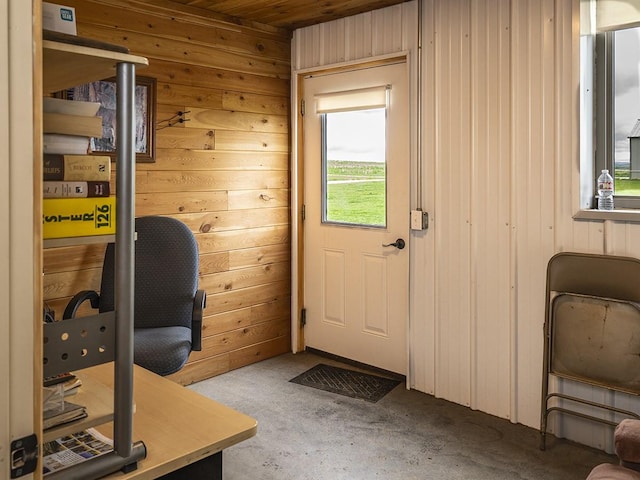 89 Wild Rose Trl, Roberts, MT 59070 - office area with healthy amount of natural light, wood walls, carpet floors, and wood ceiling