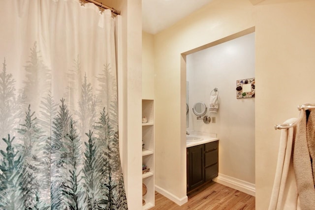 2795 Renae Ct, Missoula, MT 59804 - full bathroom featuring wood finished floors, vanity, baseboards, and a shower with shower curtain
