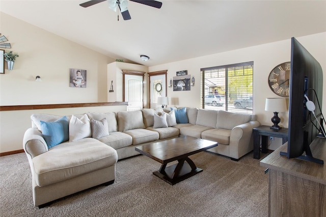 89 Alyvia Ln, Butte, MT 59701 - carpeted living room with vaulted ceiling and a ceiling fan