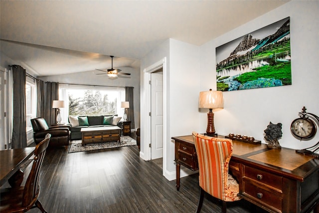 883 Saint Andrews Dr, Columbia Falls, MT 59912 - office space with dark wood-type flooring, a ceiling fan, baseboards, and vaulted ceiling