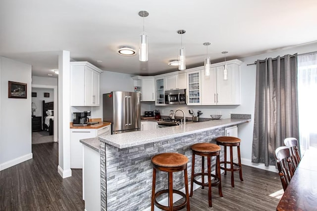 883 Saint Andrews Dr, Columbia Falls, MT 59912 - kitchen featuring appliances with stainless steel finishes, a peninsula, baseboards, glass insert cabinets, and dark wood-type flooring