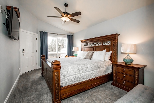 883 Saint Andrews Dr, Columbia Falls, MT 59912 - bedroom with dark colored carpet, vaulted ceiling, baseboards, and ceiling fan
