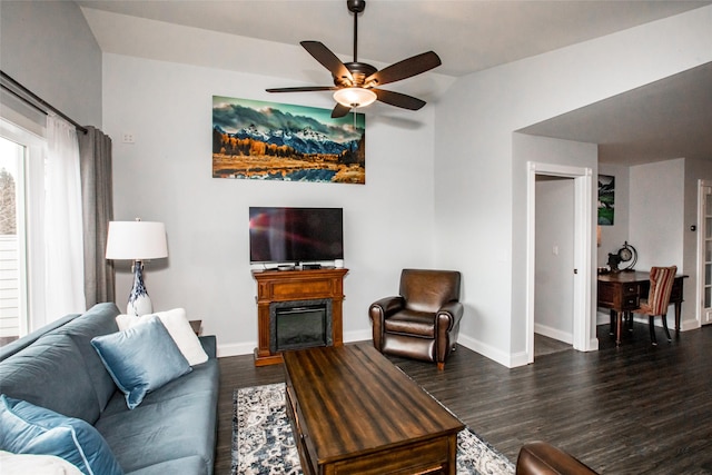 883 Saint Andrews Dr, Columbia Falls, MT 59912 - living area featuring ceiling fan, dark wood-style floors, baseboards, and lofted ceiling