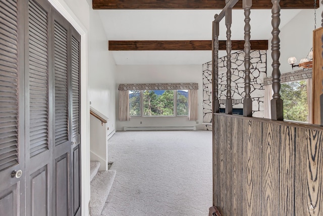 15 Vigilante Trl, Clancy, MT 59634 - hallway featuring beamed ceiling, a baseboard heating unit, carpet, stairway, and baseboards