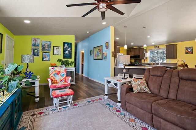245 Blanchard Lake Rd, Whitefish, MT 59937 - living area with a ceiling fan, dark wood-style flooring, and recessed lighting