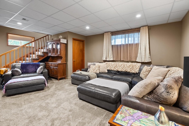 245 Blanchard Lake Rd, Whitefish, MT 59937 - living area with light carpet, stairway, a paneled ceiling, healthy amount of natural light, and recessed lighting
