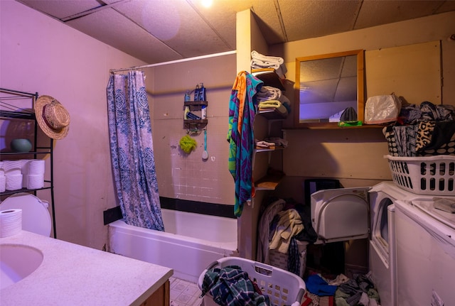 103 6th St, Alberton, MT 59820 - full bath with washing machine and dryer, vanity, and shower / bathtub combination with curtain
