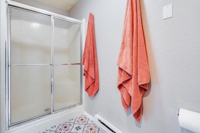 30 Knapp Ln, Kalispell, MT 59901 - bathroom featuring an enclosed shower, tile patterned floors, and baseboards