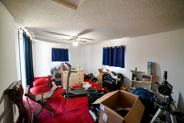312 12th Ave N, Shelby, MT 59474 - bedroom featuring carpet floors, a textured ceiling, and a ceiling fan