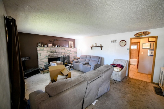 312 12th Ave N, Shelby, MT 59474 - living area featuring a textured ceiling, a fireplace, and carpet floors