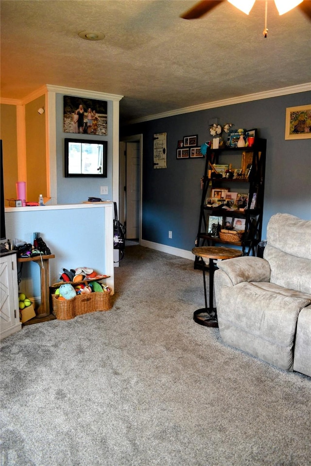 83 Indian Head Rd, Libby, MT 59923 - living area featuring crown molding, carpet flooring, a textured ceiling, and a skylight