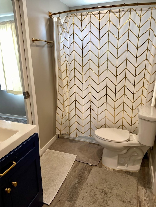1008 4th Ave S, Great Falls, MT 59405 - full bath featuring toilet, wood finished floors, vanity, a shower with curtain, and baseboards