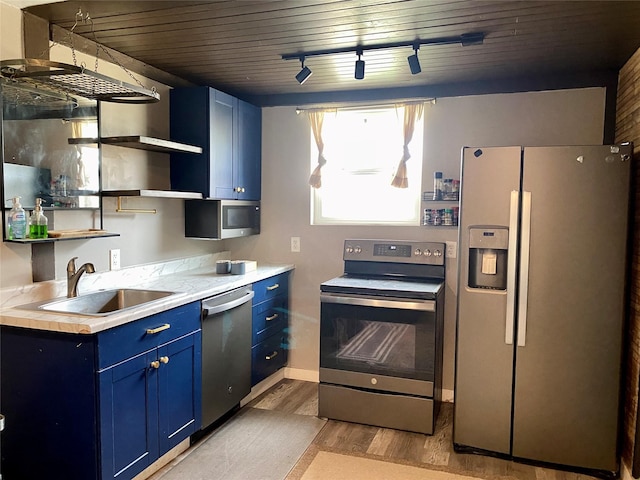 1008 4th Ave S, Great Falls, MT 59405 - kitchen featuring stainless steel appliances, blue cabinetry, light wood-style flooring, open shelves, and a sink
