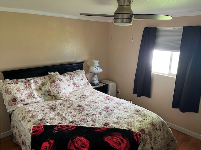 4239 7th Ave N, Great Falls, MT 59405 - bedroom featuring ornamental molding, baseboards, wood finished floors, and ceiling fan