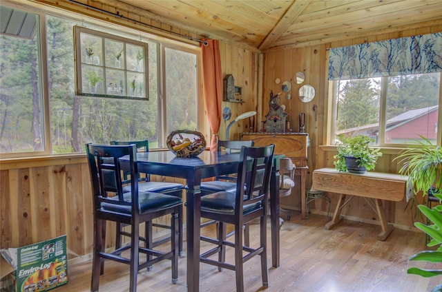 8229 York Rd, Helena, MT 59602 - dining space featuring wood ceiling, wood walls, and light wood-style floors
