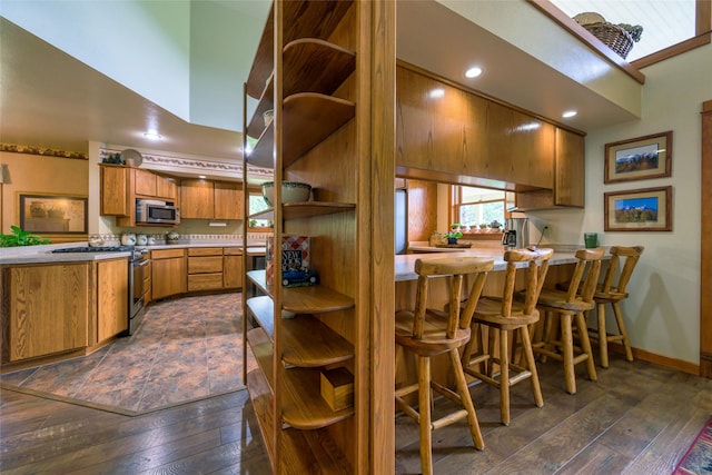 5380 US Highway 93, Conner, MT 59827 - kitchen with stainless steel appliances, open shelves, brown cabinets, dark wood finished floors, and recessed lighting