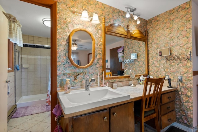30 Panoramic Dr, Kalispell, MT 59901 - full bath with vanity, tile patterned floors, a ceiling fan, tiled shower, and wallpapered walls