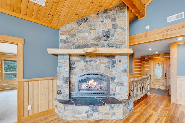 629 Alvista Loop, Hamilton, MT 59840 - detailed view of wooden ceiling with exposed beams, a wainscoted wall, a stone fireplace, wood finished floors, and wooden walls