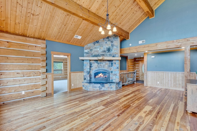 629 Alvista Loop, Hamilton, MT 59840 - living room featuring wood finished floors, wooden ceiling with exposed beams, a fireplace, a wainscoted wall, and high vaulted ceiling