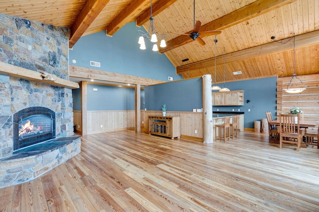 629 Alvista Loop, Hamilton, MT 59840 - unfurnished living room featuring high vaulted ceiling, wainscoting, hardwood / wood-style flooring, a stone fireplace, and a ceiling fan